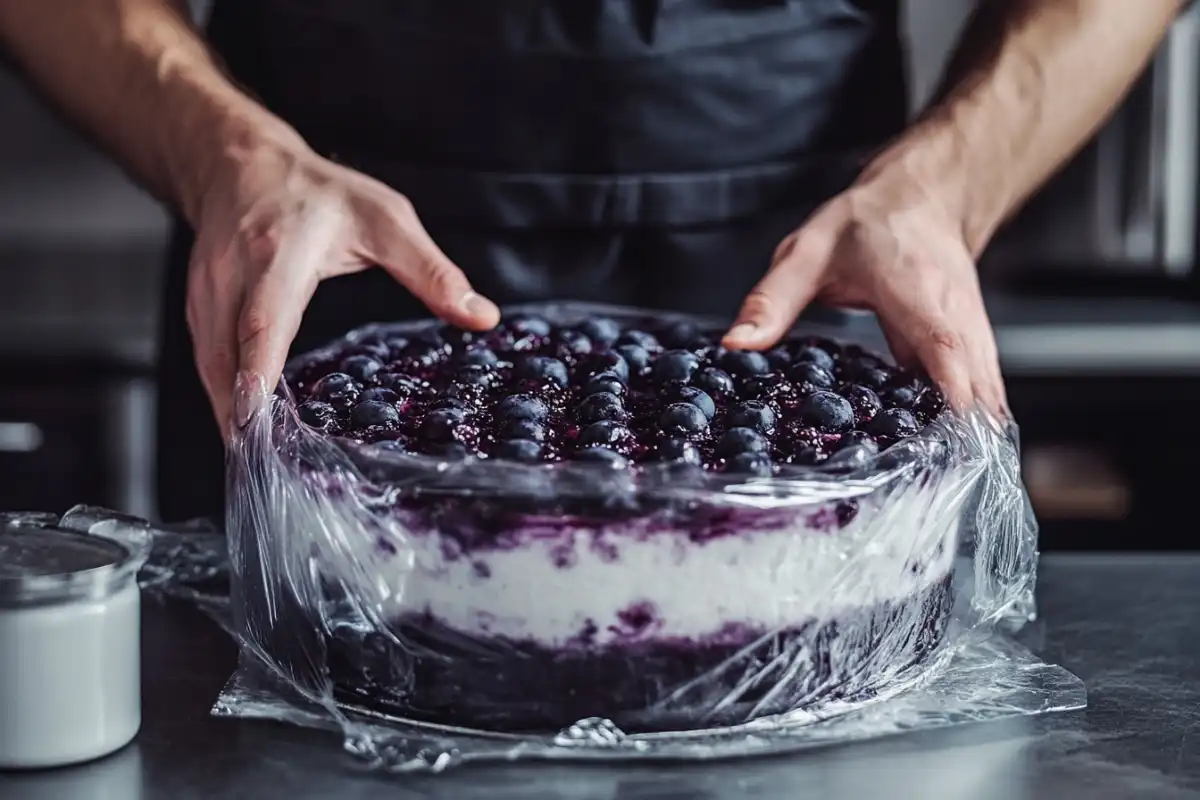 Freezing blueberry cheesecake wrapped tightly for freshness