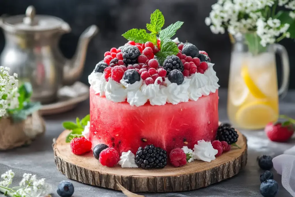 Colorful no-bake watermelon cake with vibrant fruits, perfect for summer parties.