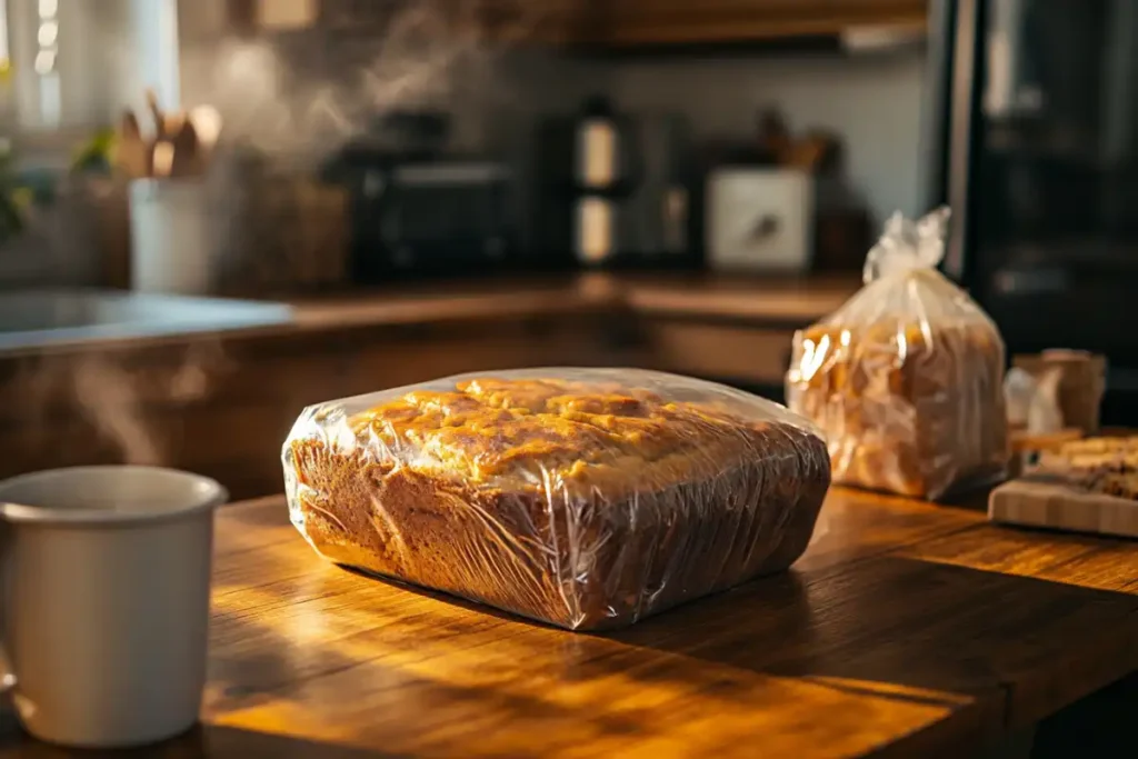 Different storage methods for Libby’s pumpkin bread, including room temperature wrapping, refrigeration, and freezing, displayed in a cozy kitchen setting.