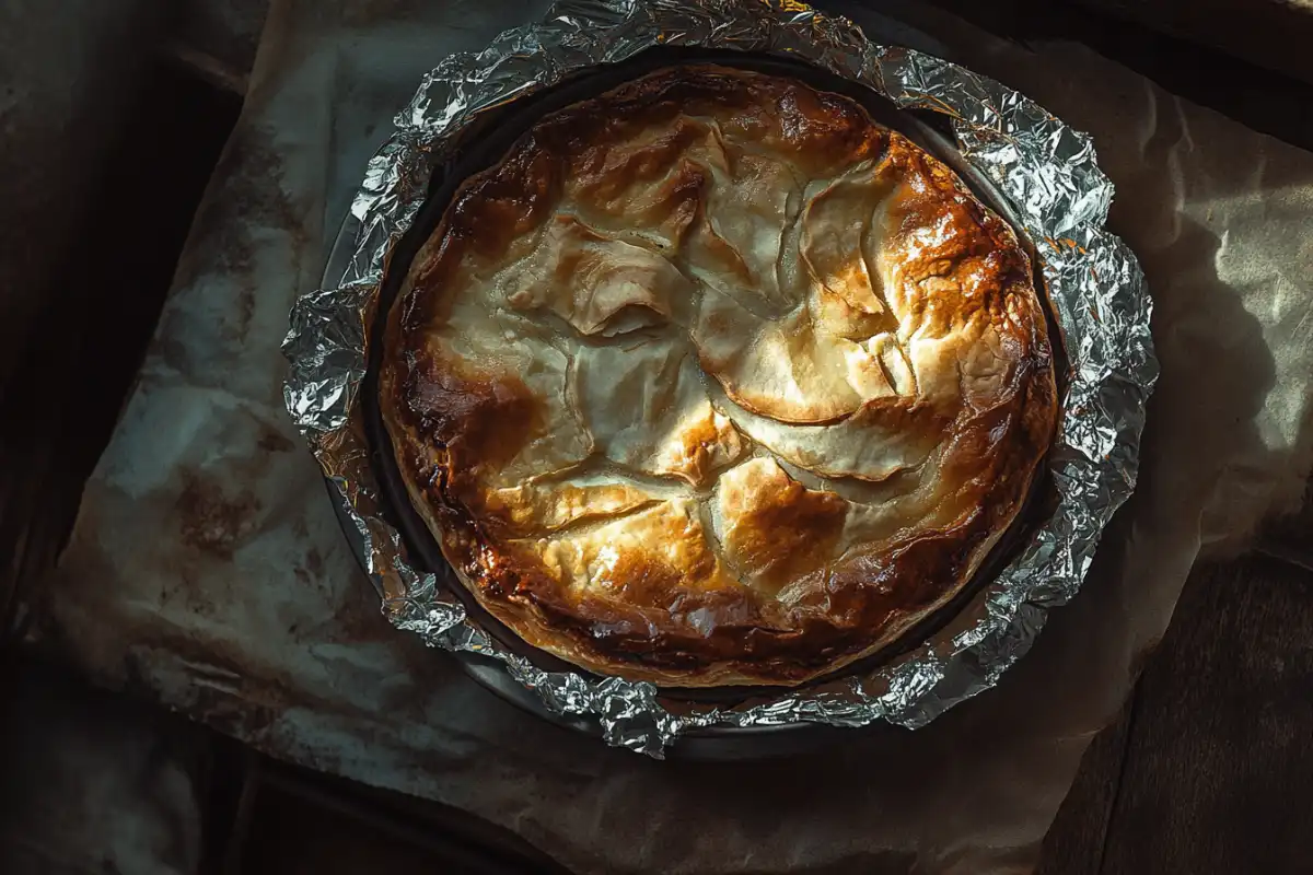 A freshly baked pie sits in a pie pan lined with aluminum foil.