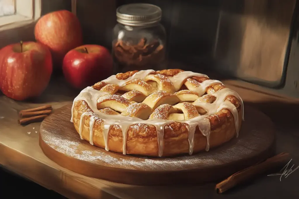 Finished apple pie with a golden cinnamon roll crust.