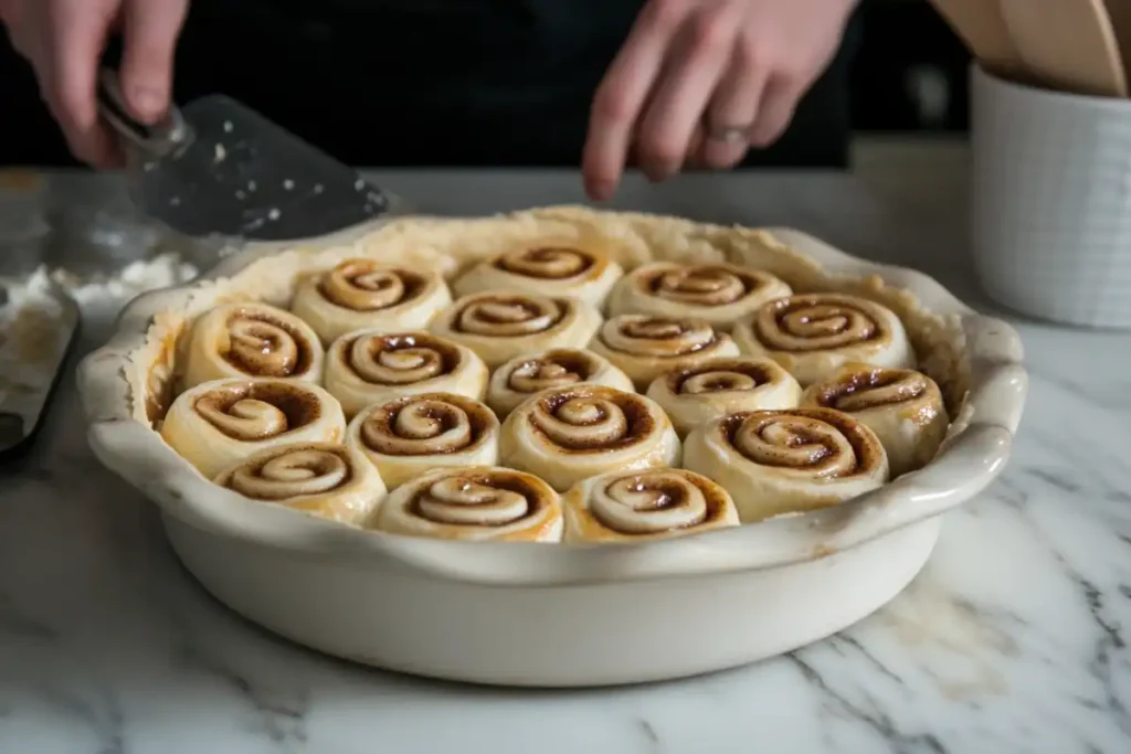 Arranging cinnamon roll slices in a pie dish for a crust.