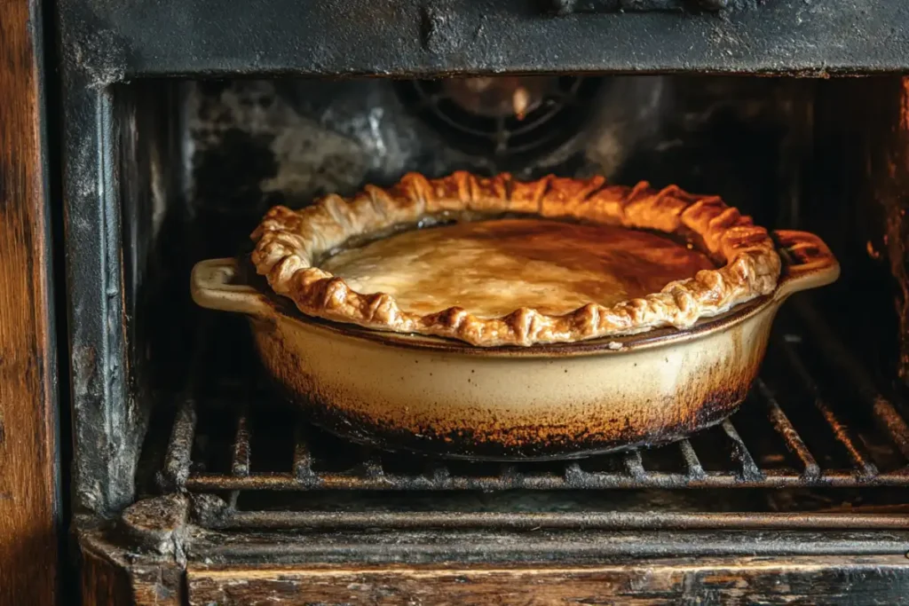 Pot pie baking in the oven, crust turning golden brown.