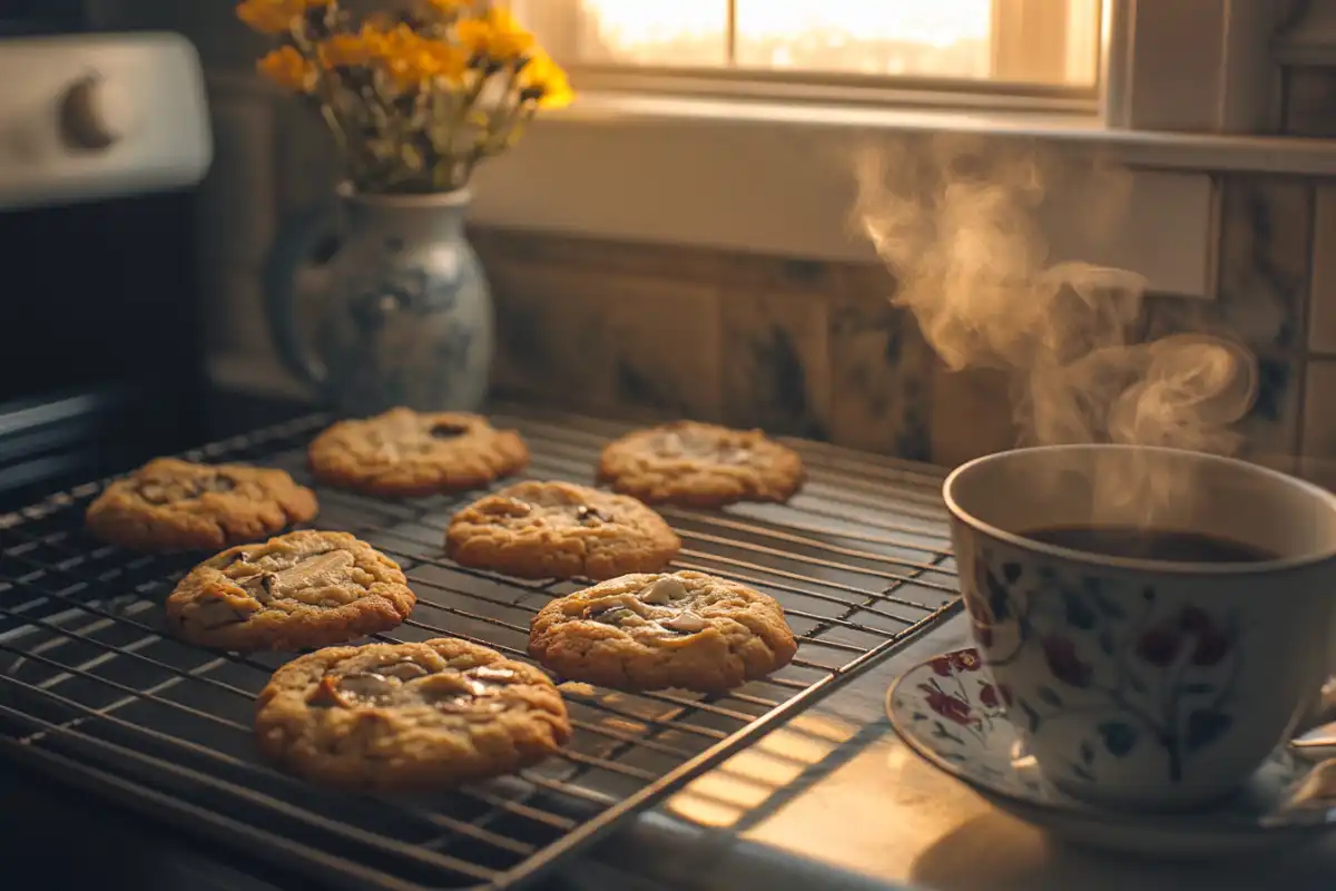 Freshly baked banana bread cookies cooling on a wire rack.