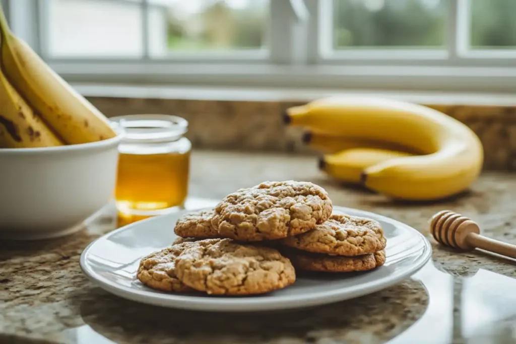 Plate of freshly baked banana bread cookies with ripe bananas and a jar of honey in a cozy kitchen.