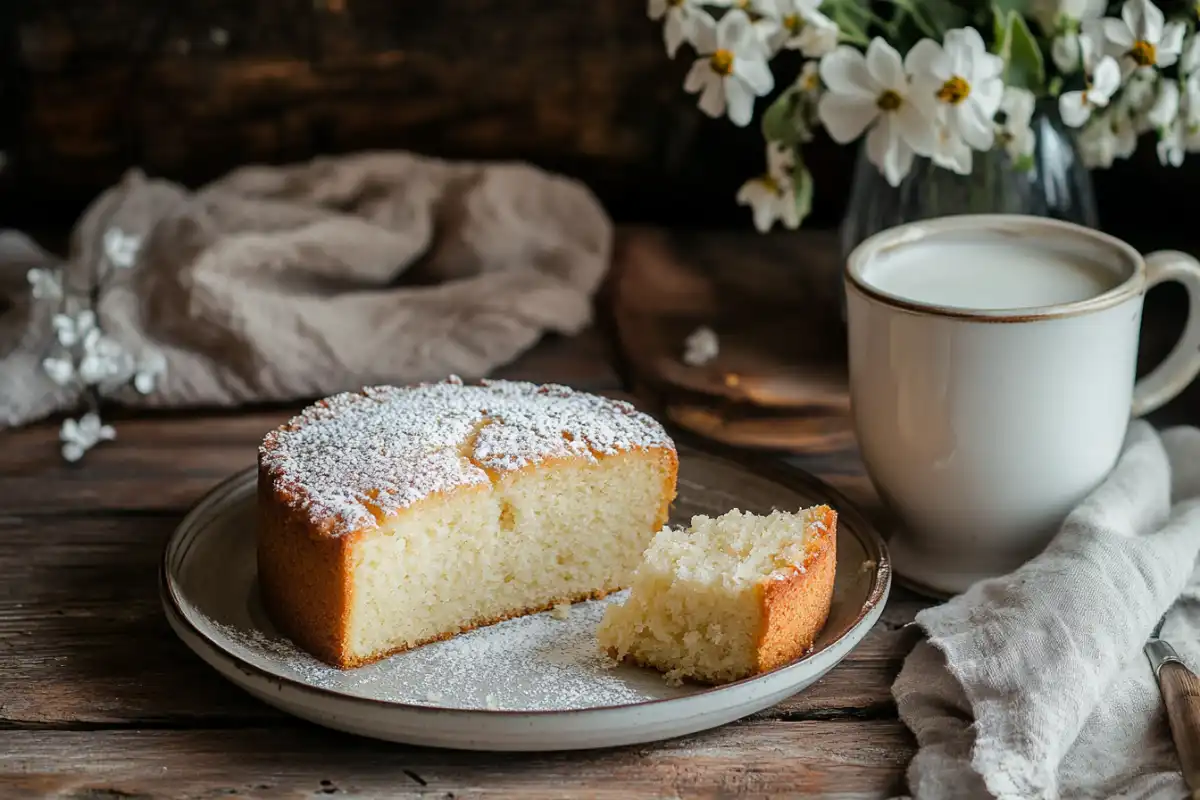 A sliced cake made with milk for better texture and flavor.