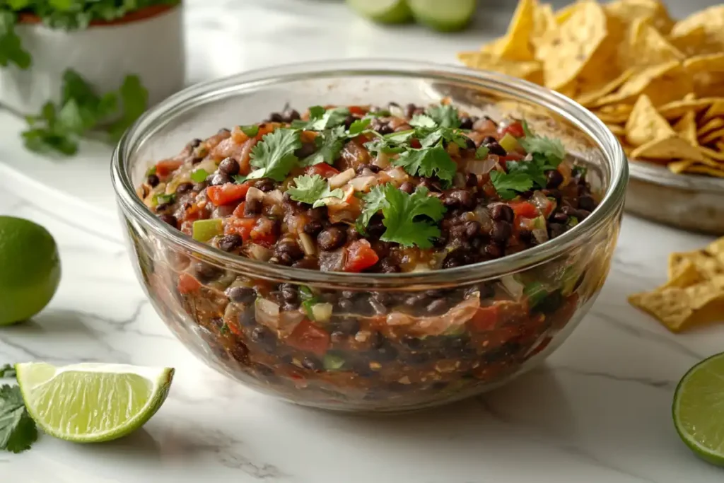 Freshly made black bean salsa in a bowl