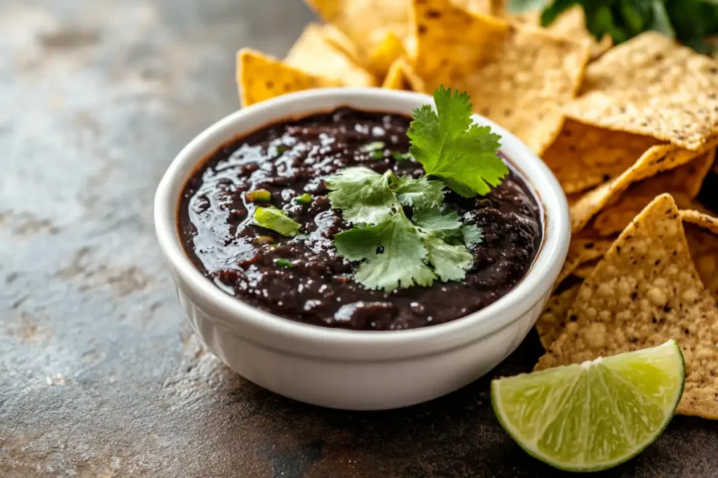 Freshly prepared black salsa served in a bowl with tortilla chips.