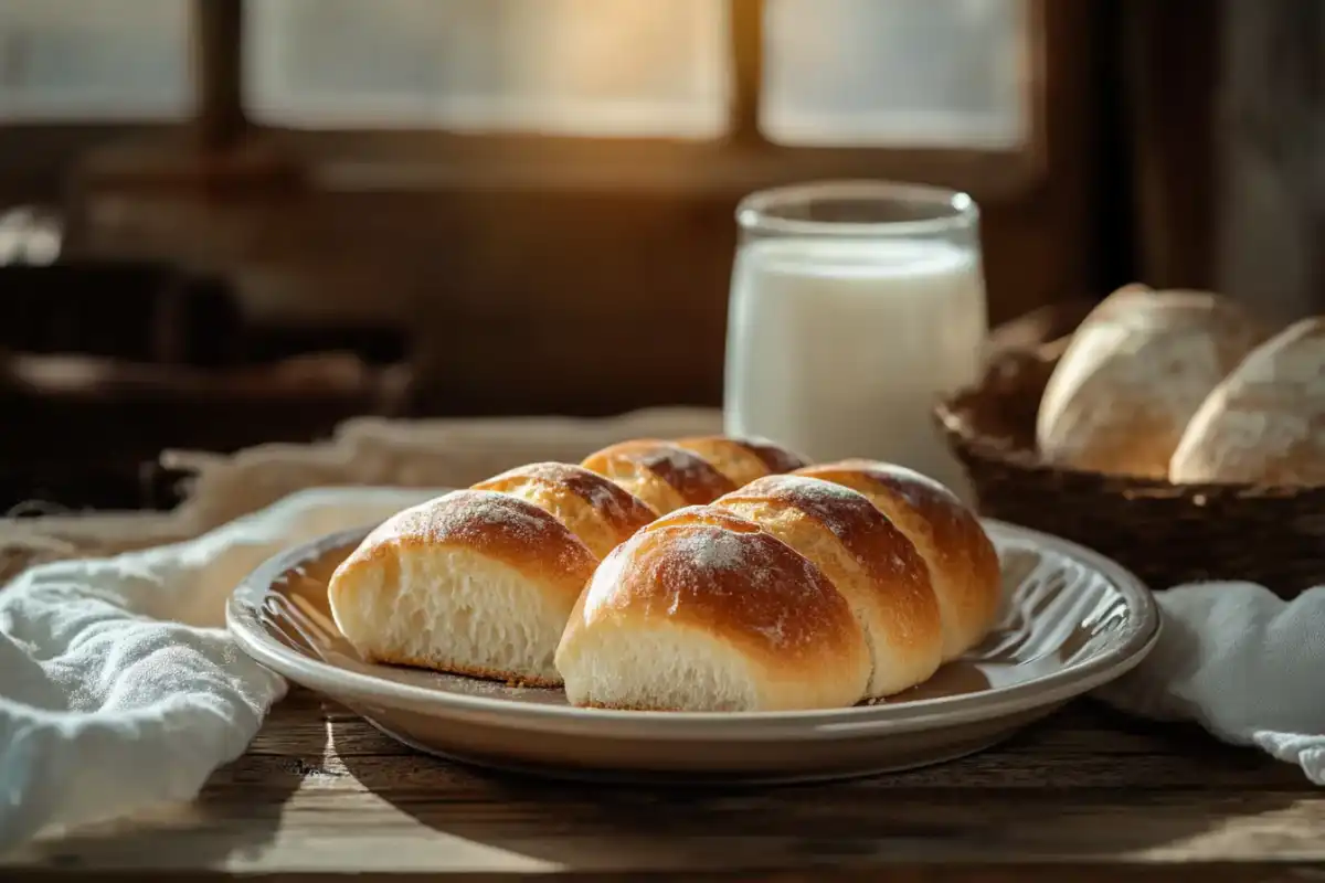 Bread made with milk, placed on a wooden table.