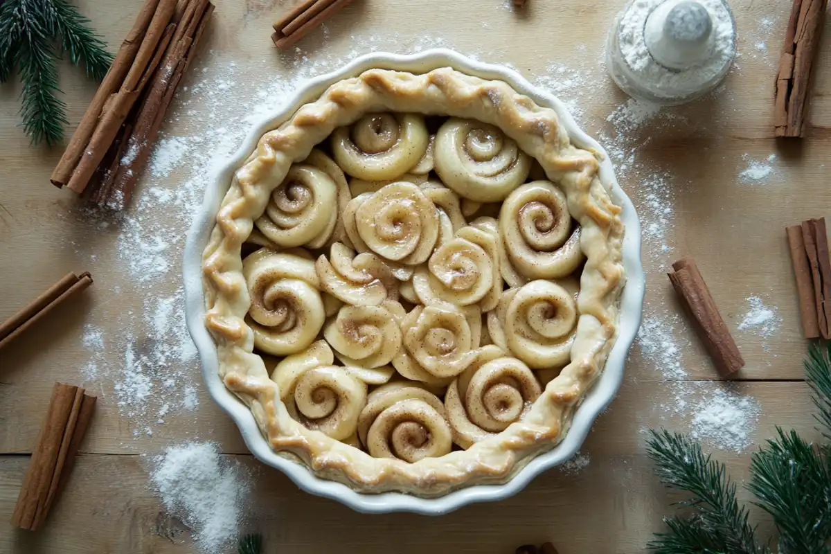 Uncooked cinnamon roll apple pie in a baking dish with a cinnamon roll crust.