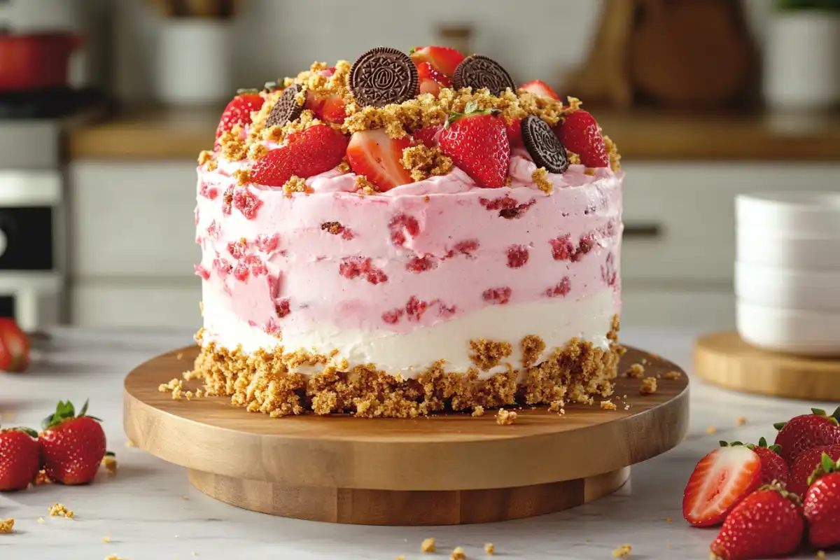 Completed strawberry crunch cake on a wooden stand.