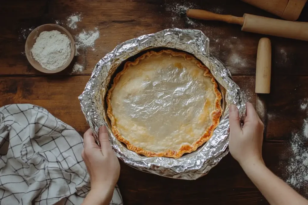 Covering a pot pie with foil in a rustic kitchen setting.