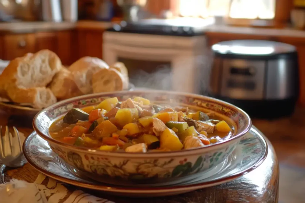 Chicken and vegetable stew served in a crockpot setting.