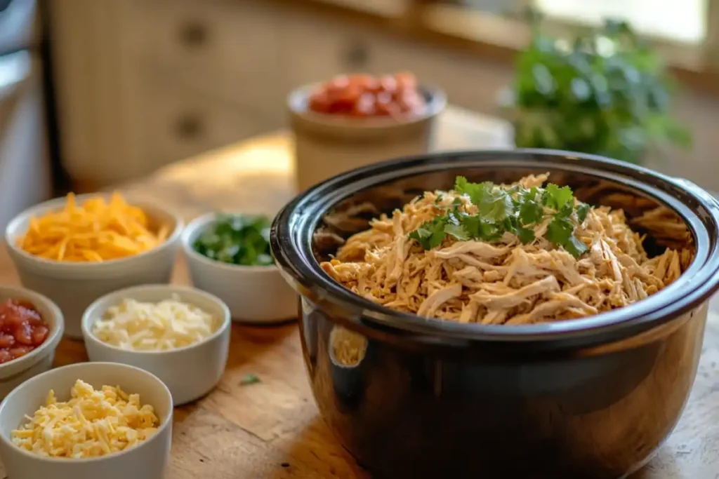 Shredded chicken tacos in a crockpot setting.