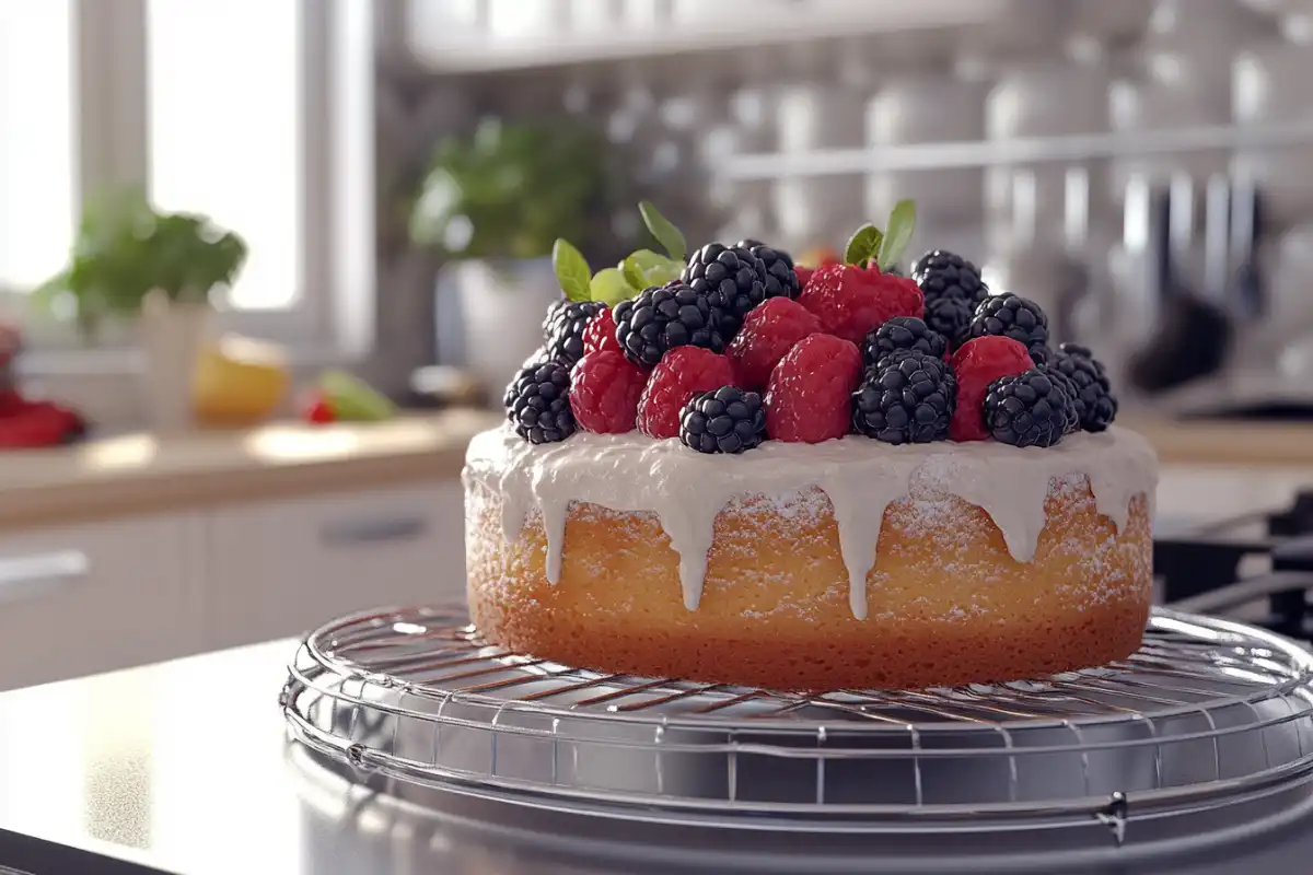 Freshly baked cake topped with fruit cooling on a wire rack.