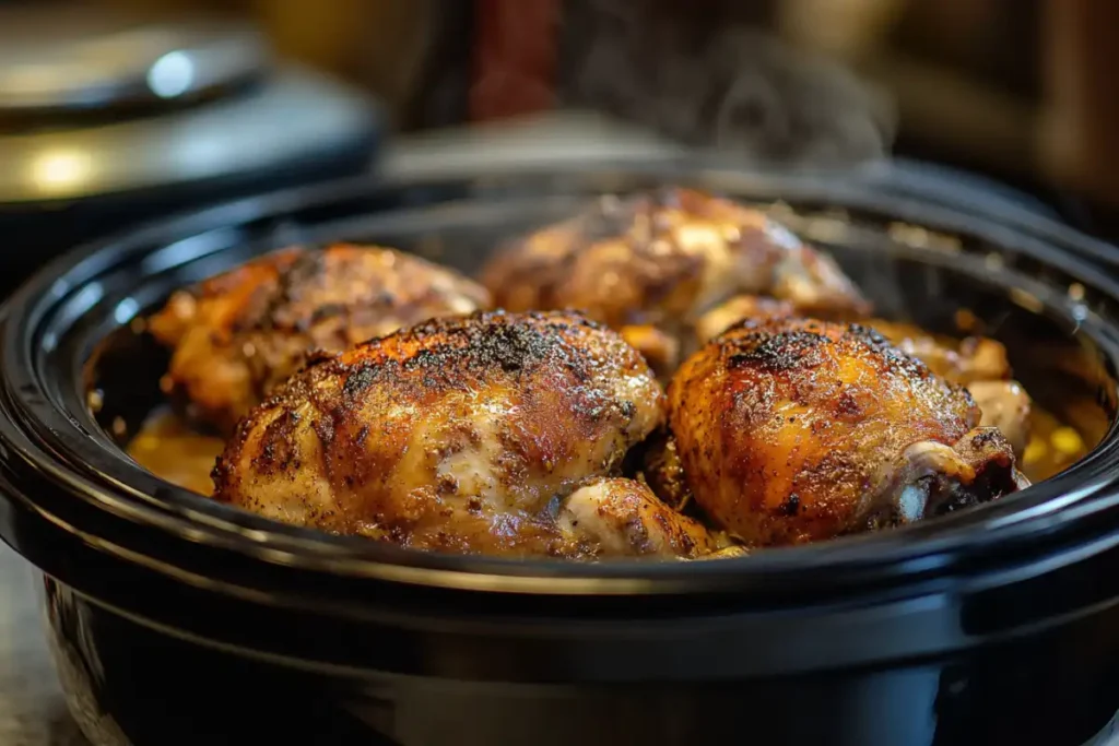 Crockpot chicken cooking in a slow cooker.