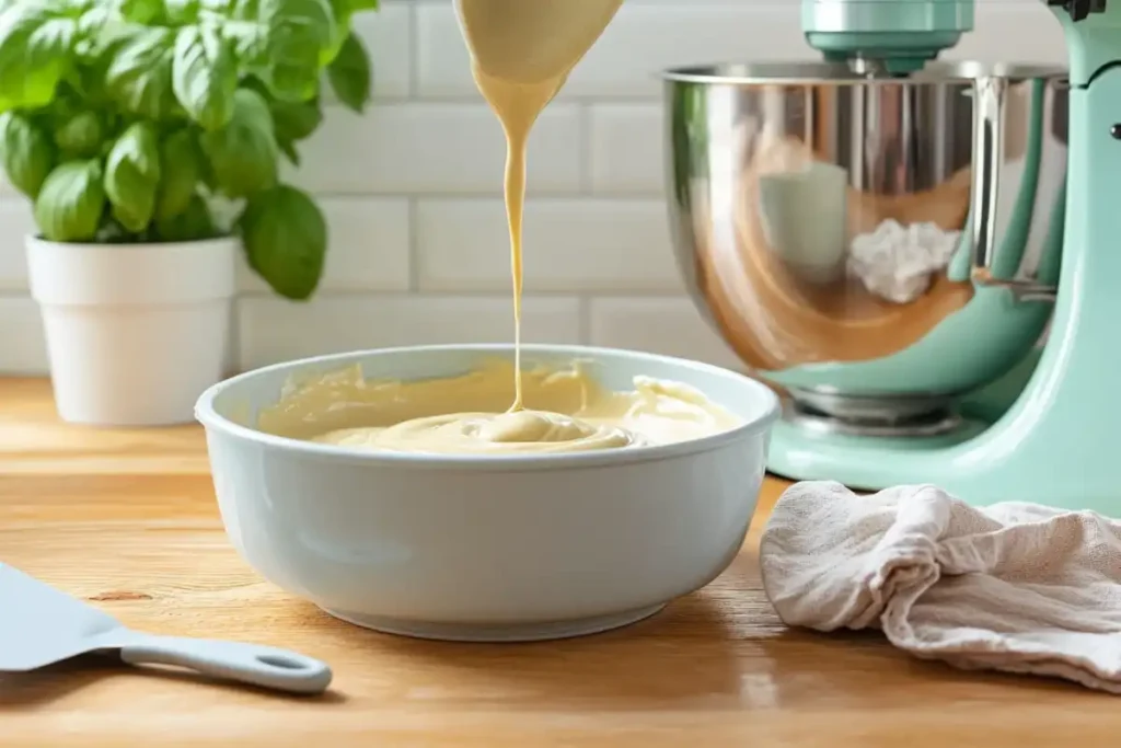 Pouring cake batter made with milk into a greased cake pan.