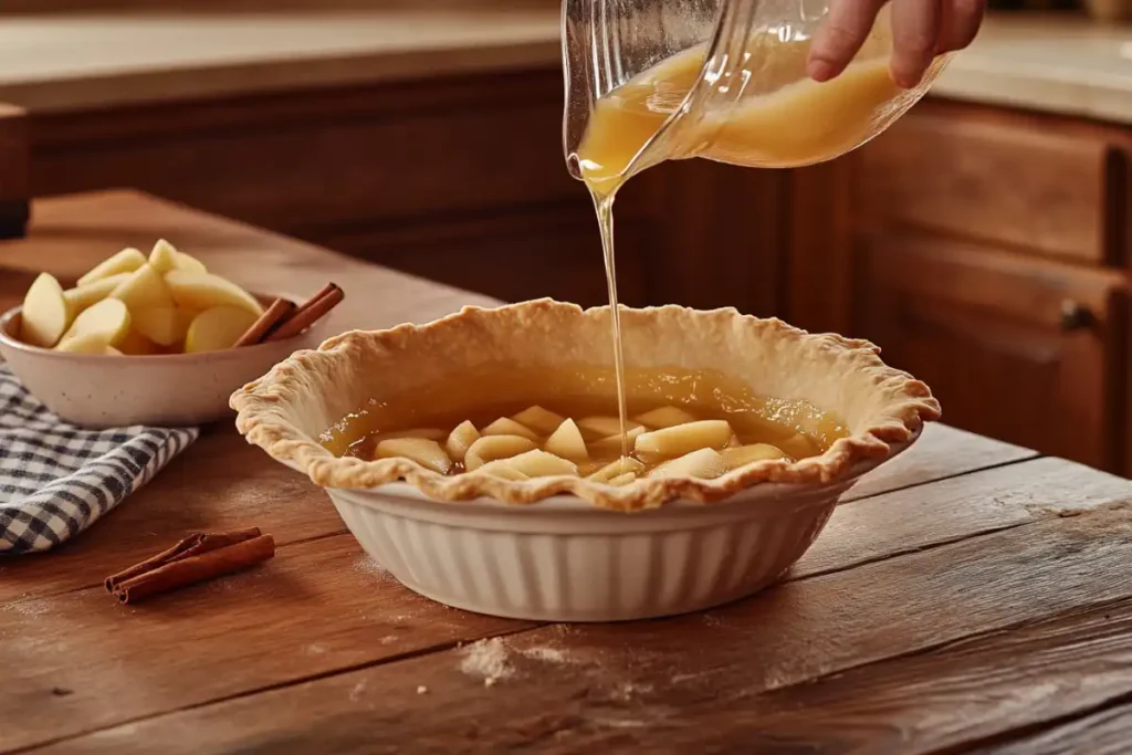 Baker pouring apple filling into a pie crust on a rustic wooden table with baking ingredients nearby.