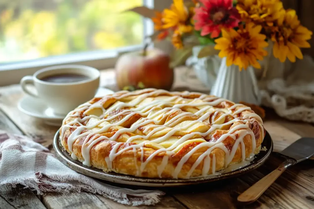 Freshly baked cinnamon roll apple pie with golden crust and glaze on a rustic kitchen table.