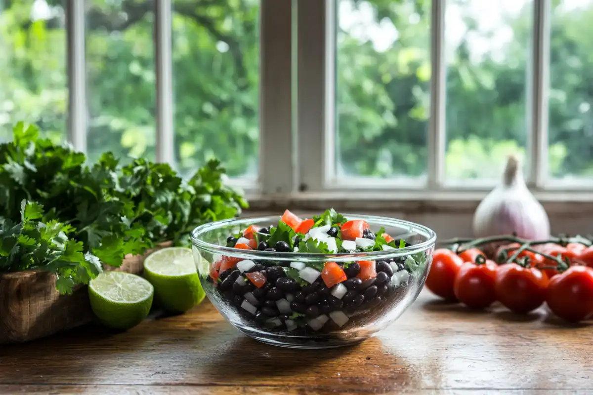 Fresh black bean salsa in a glass bowl on a rustic wooden table in a bright kitchen.