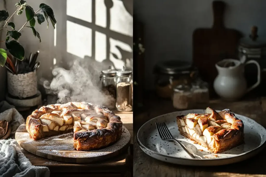 Finished cinnamon roll apple pie with a slice served.