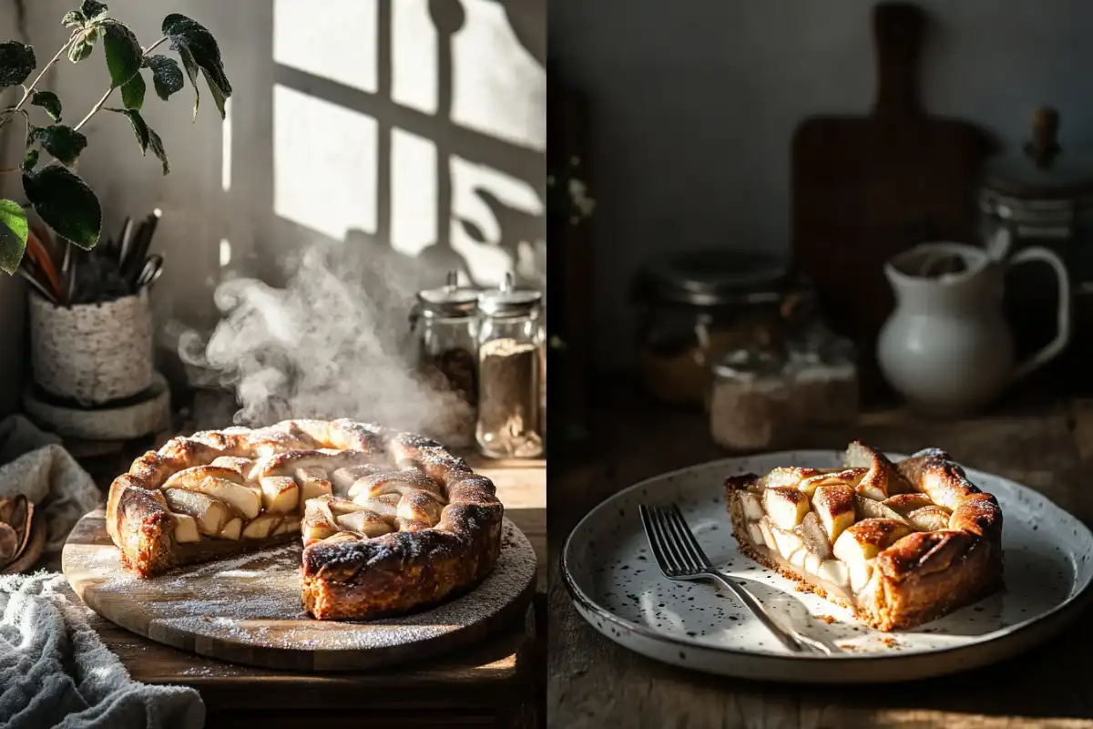 Finished cinnamon roll apple pie with a slice served.