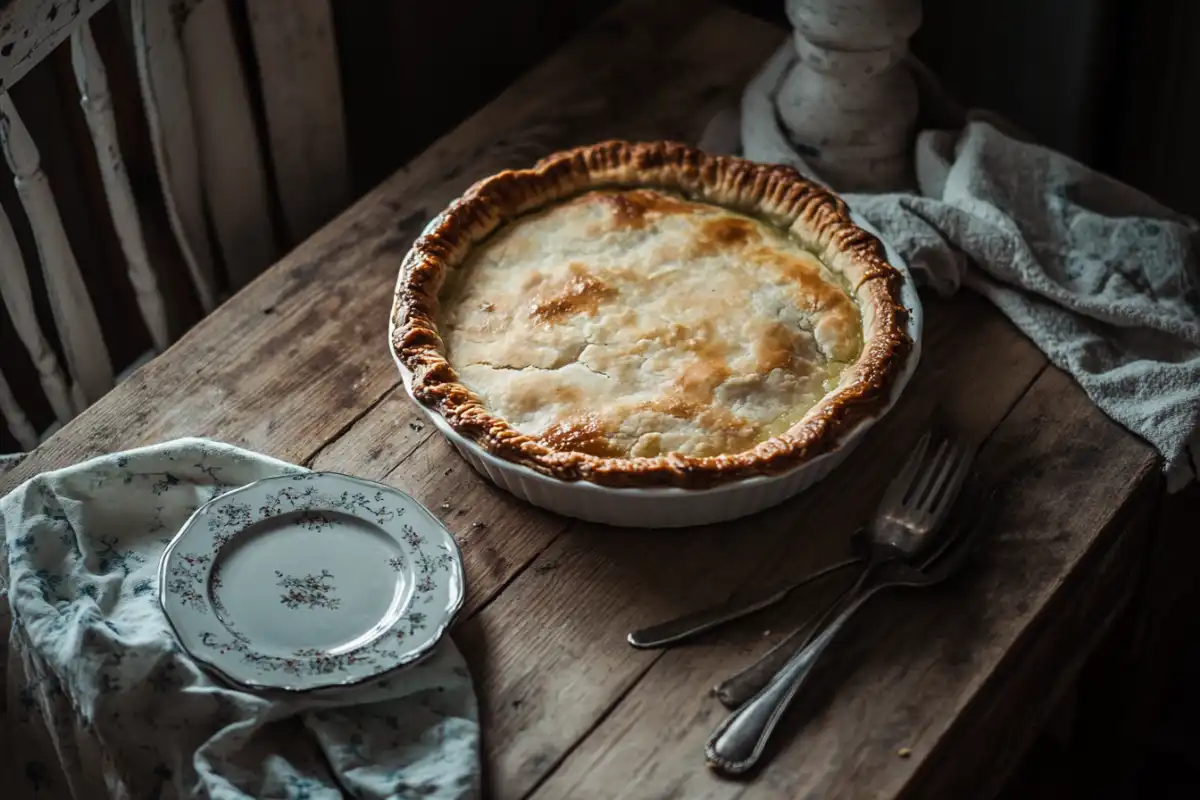 Freshly baked pot pie with a golden crust, ready to serve.