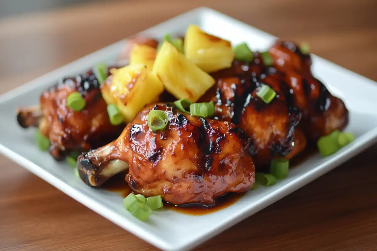 Grilled chicken with Hawaiian sauce on a serving plate.