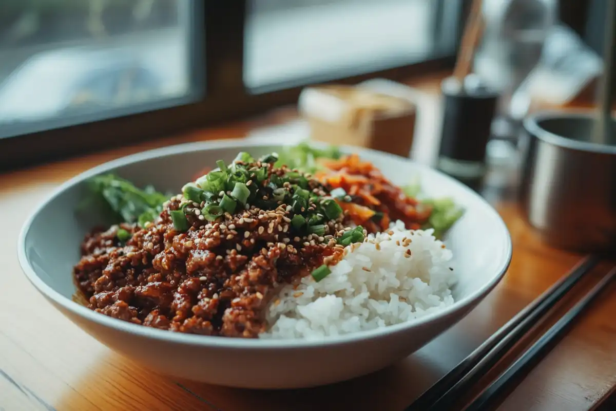 Ground beef bulgogi plated with rice and kimchi.