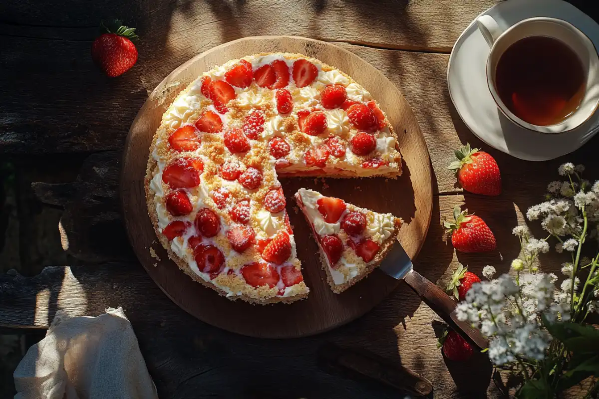 Freshly baked Strawberry Earthquake Cake with cracks and creamy filling.