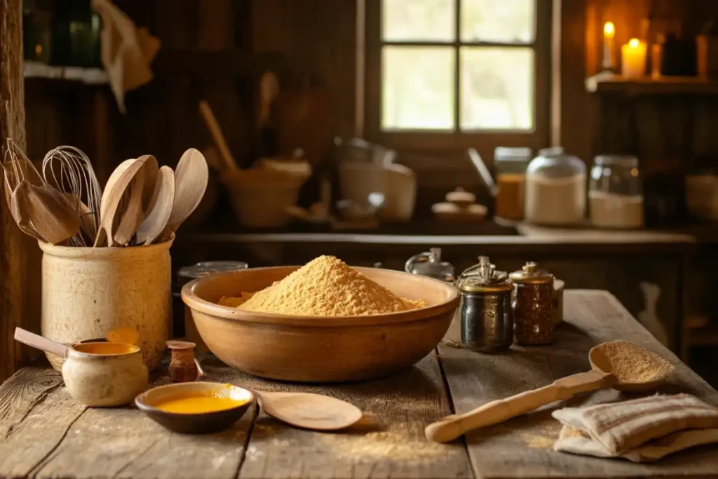 Ingredients for Southern cornbread recipe with beef tallow on a rustic kitchen table.