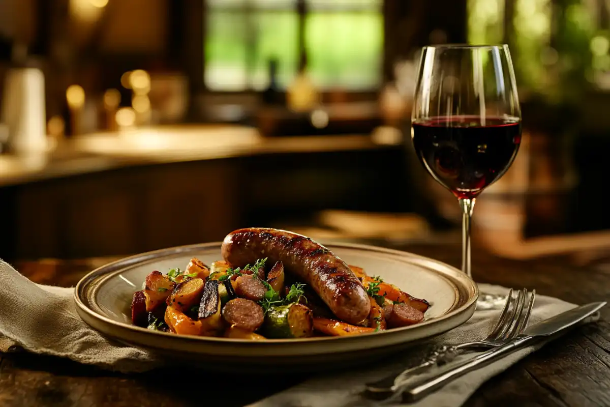 Plated Italian sausages with roasted vegetables in a cozy kitchen.