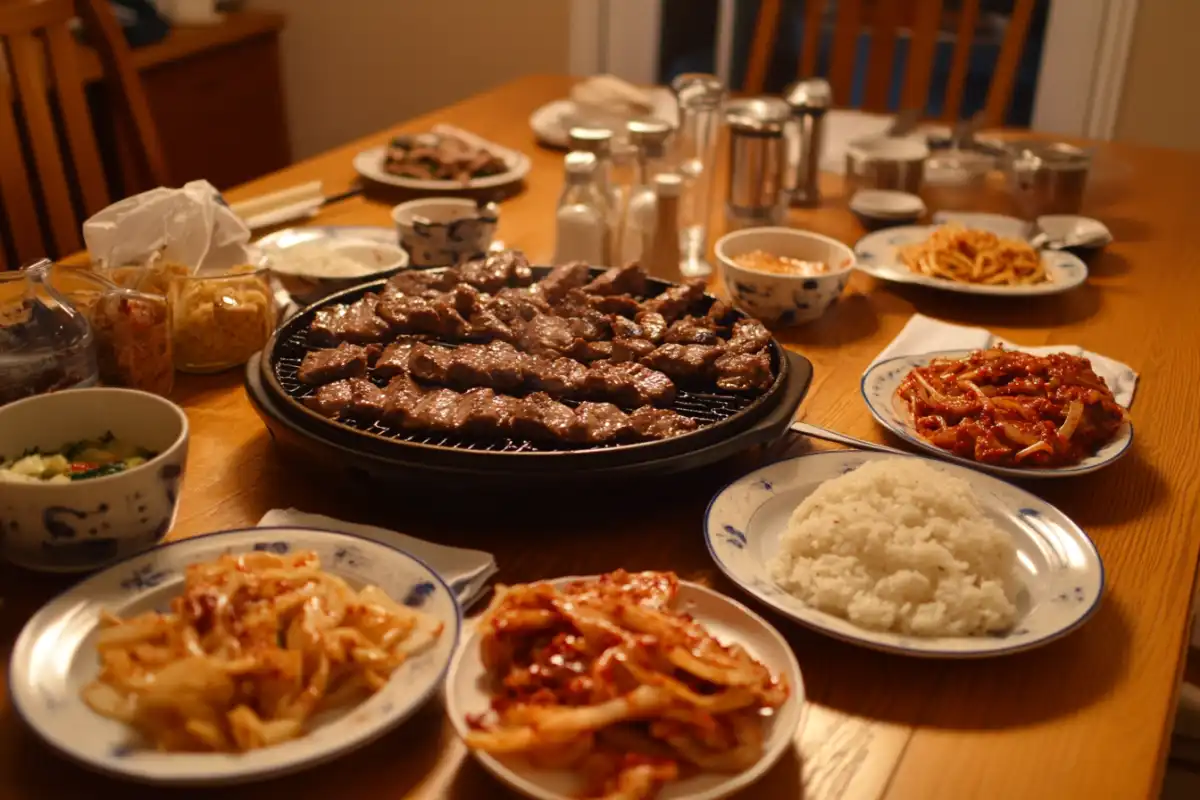 Dining table with Korean barbecue and bulgogi dishes, side dishes, and condiments in a warm kitchen setting.