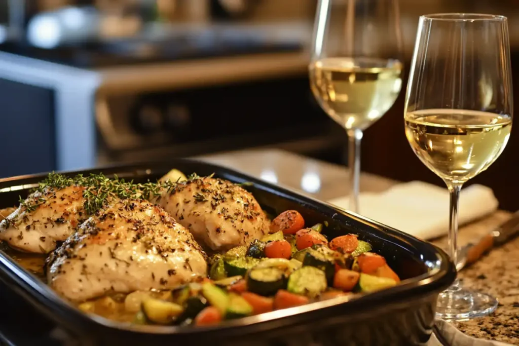 Lemon herb chicken with vegetables in a crockpot setting.