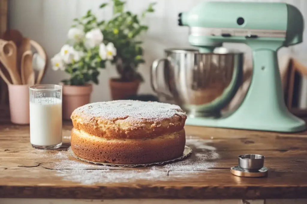 Side-by-side comparison of a cake made with milk and one with water on a rustic table.