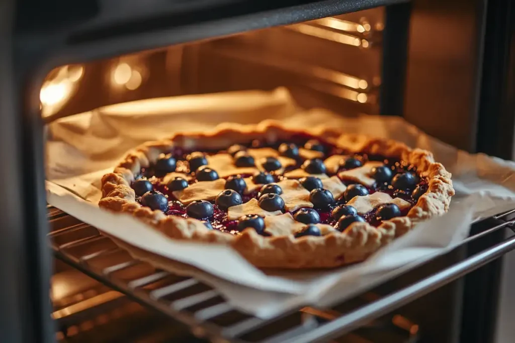 Blueberry pie covered with parchment paper in the oven.