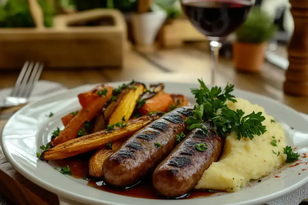 Fully cooked Italian sausages served with roasted vegetables and polenta.