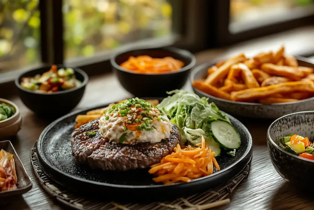 Plated Bulgogi Burger with sweet potato fries and pickled vegetables.