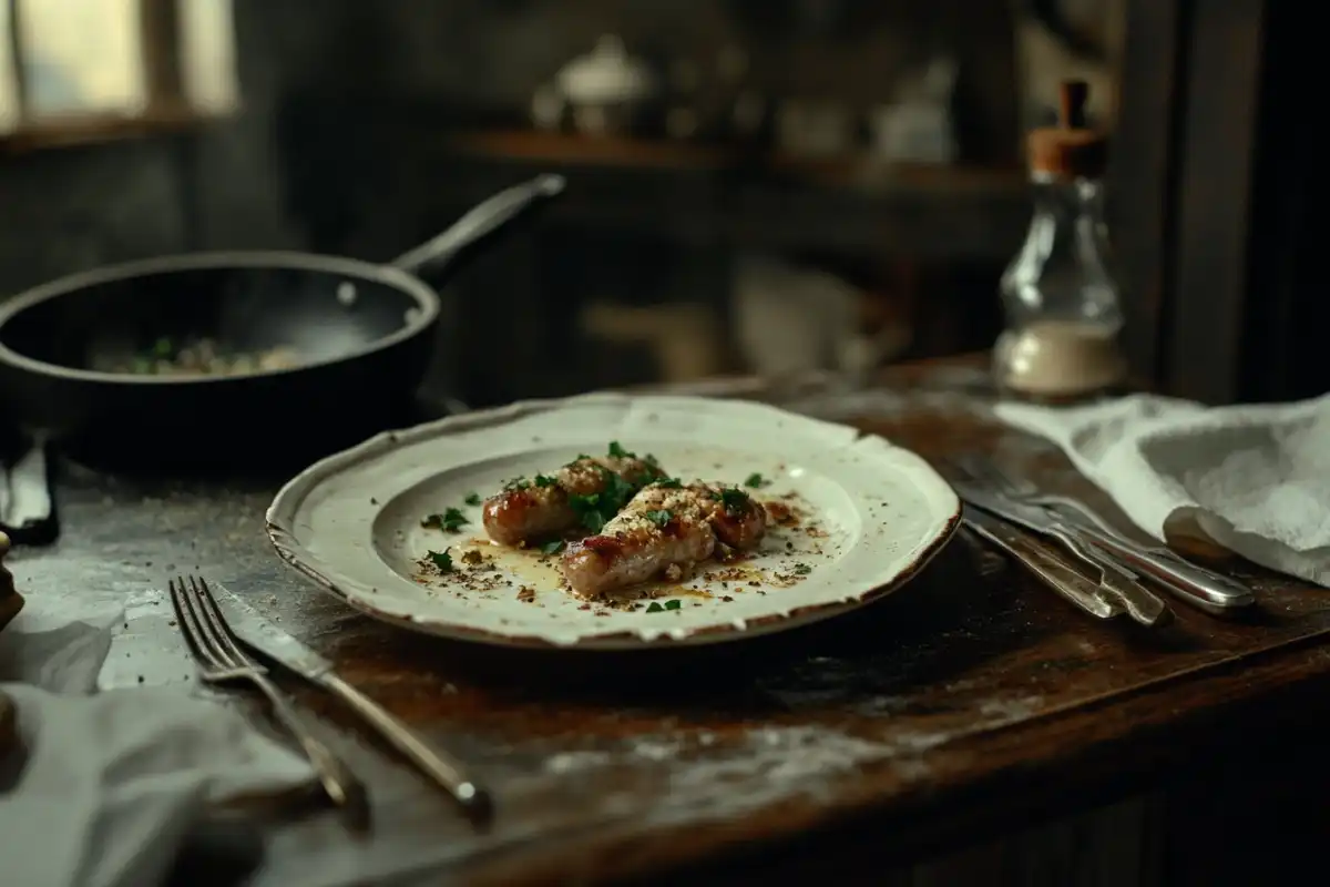 Cooked Italian sausage plated with parsley in a rustic kitchen.