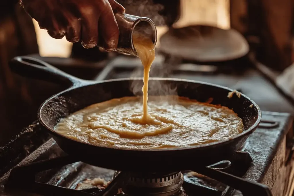 Pouring cornbread batter into a cast-iron skillet in a cozy kitchen.