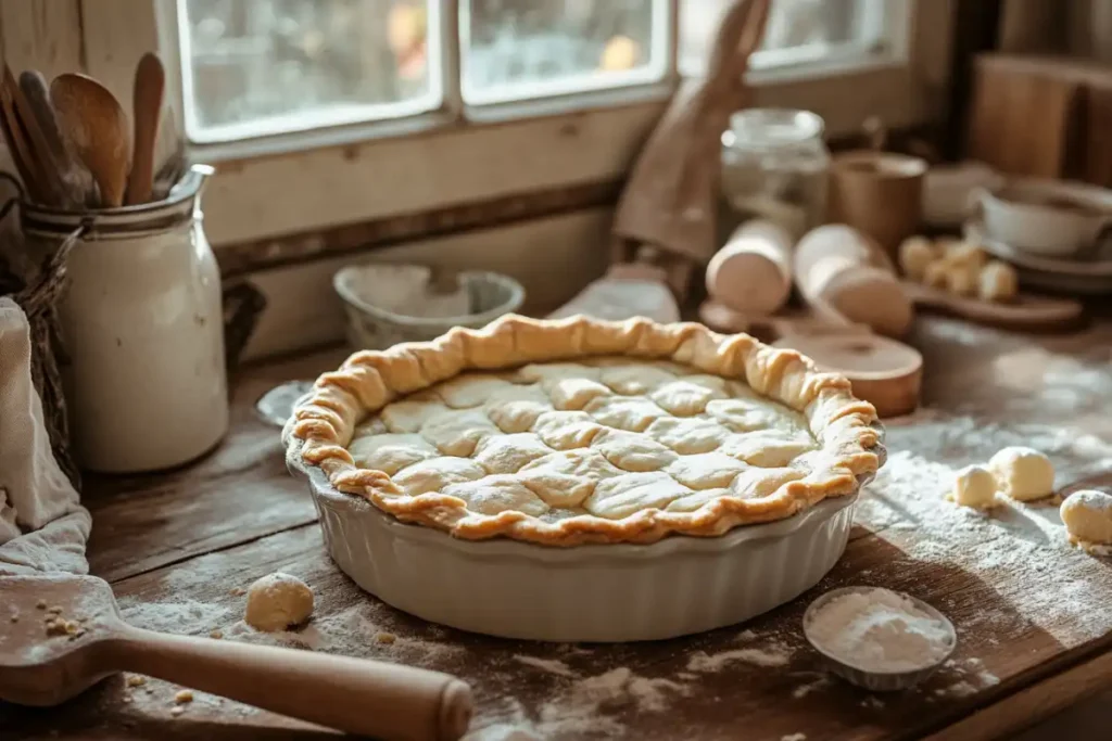 Unbaked pot pie with raw crust in a rustic kitchen setting.