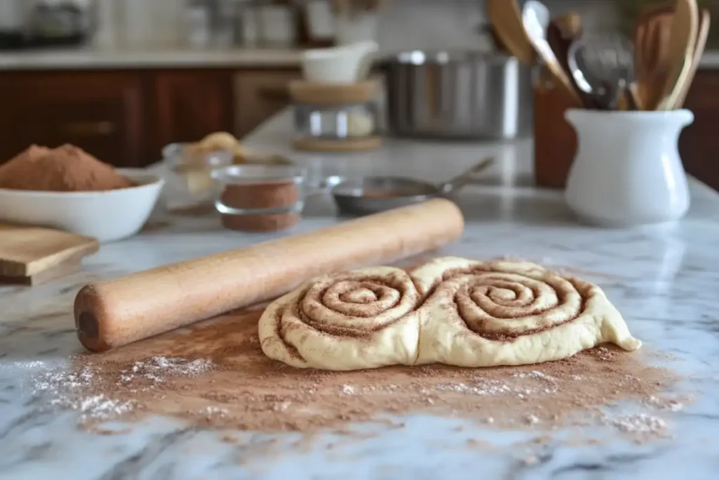 Rolling out cinnamon roll dough for the crust in a cozy kitchen.