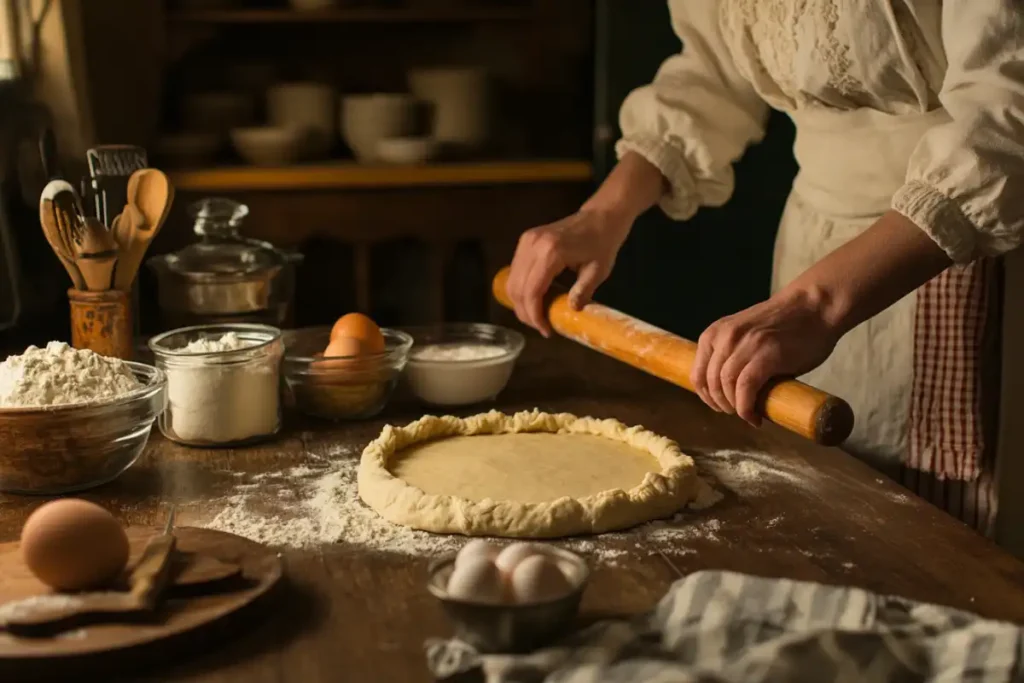 Baker rolling out pie dough on a wooden table with ingredients neatly arranged in a cozy kitchen.