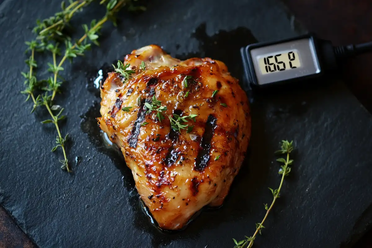 Cooked chicken thigh at safe temperature of 165°F.