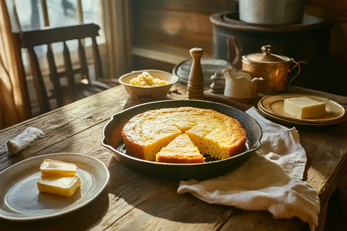 Golden Southern cornbread baked with beef tallow, served on a rustic table.