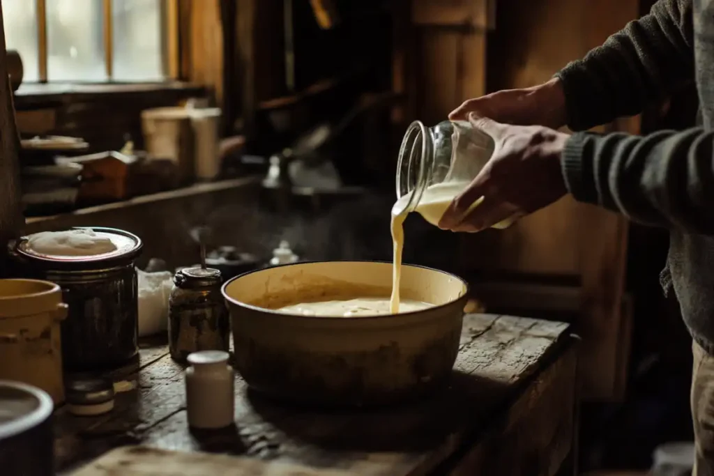 Pouring milk into cake batter for a richer texture.