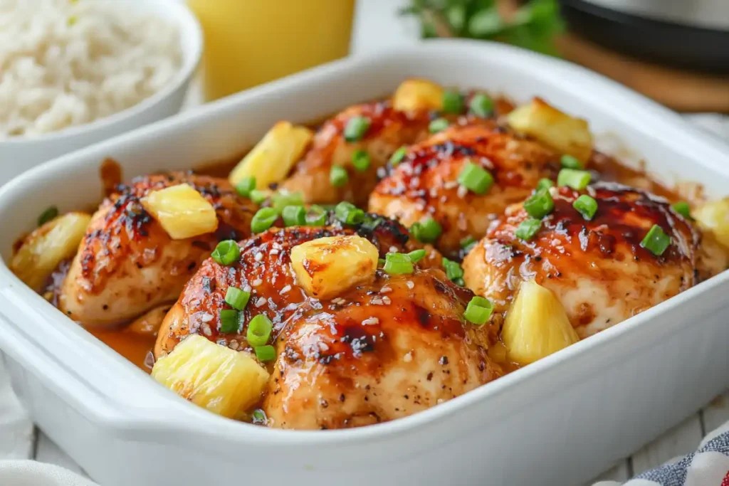 Cooked Sweet Hawaiian Crockpot Chicken served with pineapple and green onions.