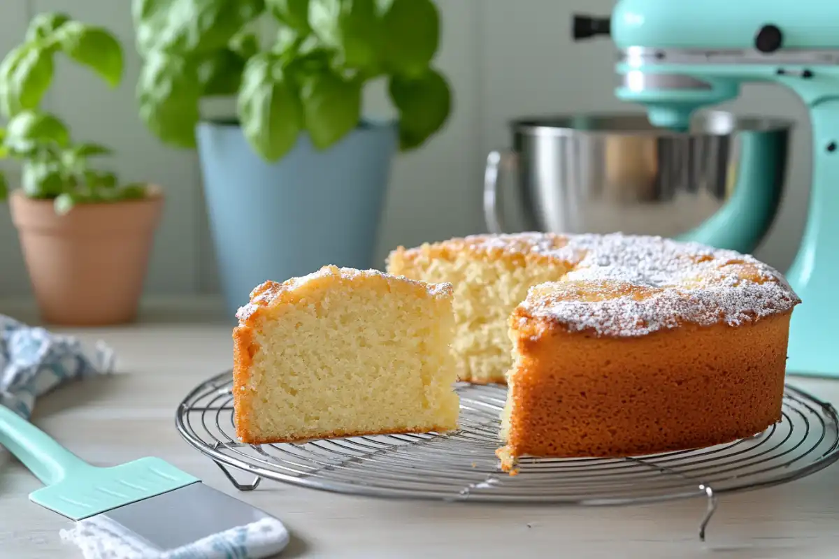 A freshly baked golden cake cooling on a wire rack in a California kitchen.