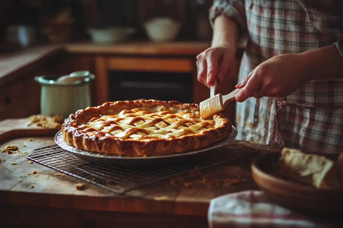 Golden-brown apple pie cooling on a rack with steam rising in a cozy kitchen setting.