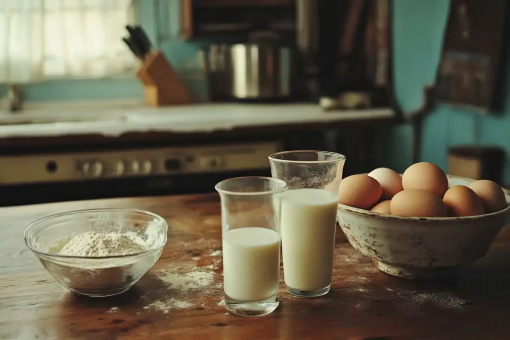 Comparing milk and water for cake baking on a kitchen table.